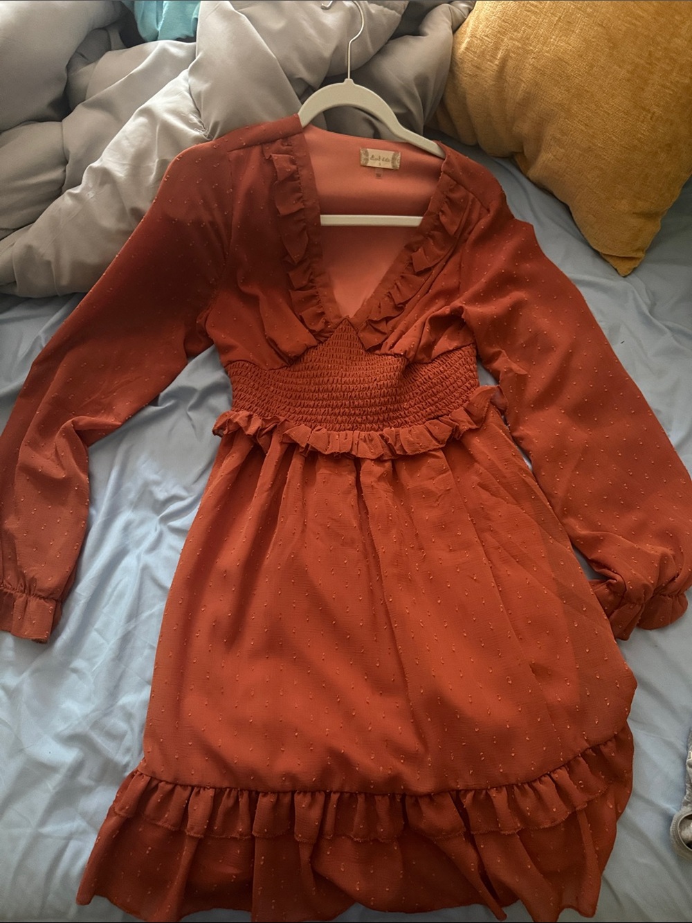 Altar'd State Rust Orange Ruffle Smocked Mini Dress
